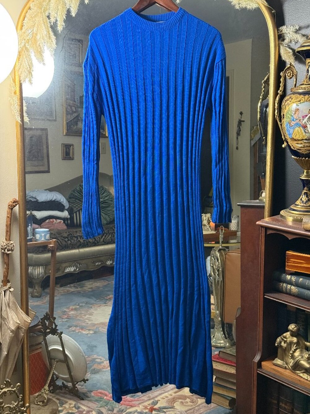 Royal Blue Ribbed Knit Long Sleeve Bodycon Minimalist Chic Midi Dress